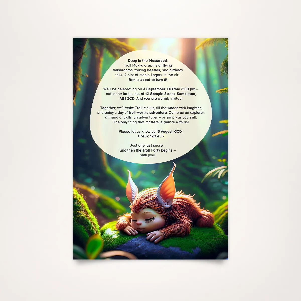 Magical Troll invitation to a children's birthday – digital, creative & very easy to customize.