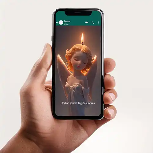 Animiertes Video zeigt eine Engel-Kerze, die sanft entzündet wird und warmes Licht verbreitet