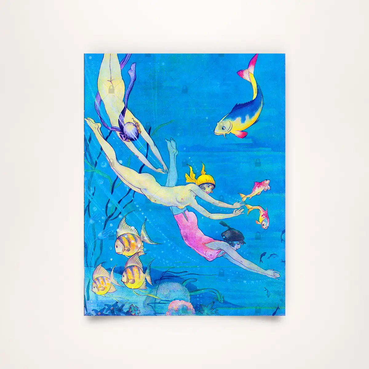 Colorful vintage illustration titled Sensual Water Nymphs by Georg Ludwig Hahn from Reigen Magazine, 1923. The image shows three water nymphs diving in deep blue water, surrounded by colorful fish and aquatic plants.