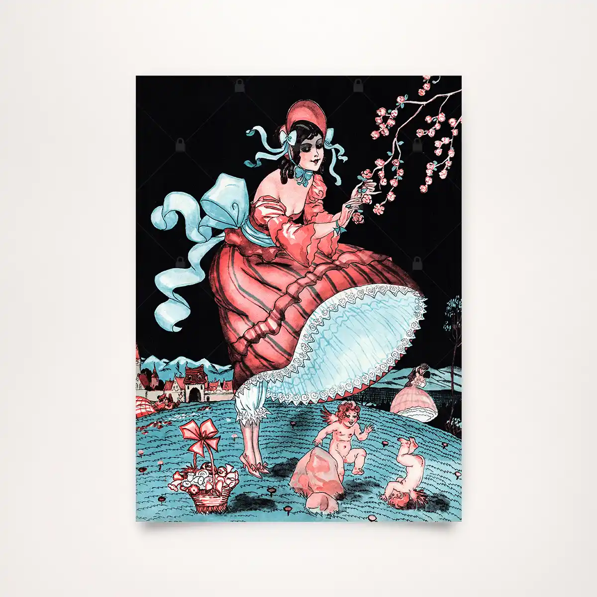 Colored vintage illustration by Walter Plantikow as the cover of Reigen Magazine from 1926. Against a black background stands a woman in a flowing red dress with blue bows, smelling a pink blossom branch. Before her on a meadow, small figures frolic, while in the background a couple shares a romantic kiss.